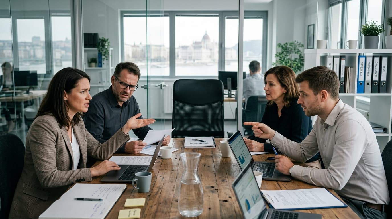 Keresztfunkcios csapat egyeztet egy targyaloban, mikozben az egyuttmukodesben a felelossegi hatarok elmosodnak