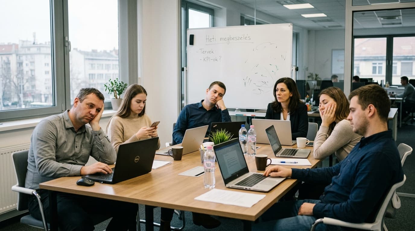 Alacsony energiaszintu KKV-s csapat meetingje, ahol a vezeto eszreveszi a visszaeso elkotelezodest es a passziv reszvetelt