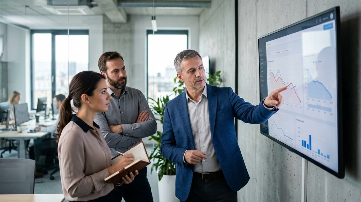 Tulajdonos-vezeto korai szervezeti figyelmezteto jeleket nez at a csapataval egy irodai whiteboardnal