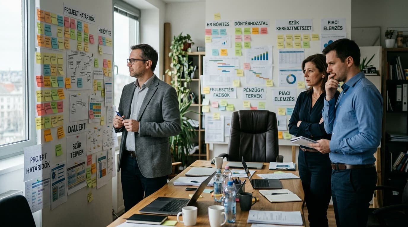 Vezetoi csapat strategiai fal elott, elakadt dontesi helyzetben egy novekvo KKV-ban