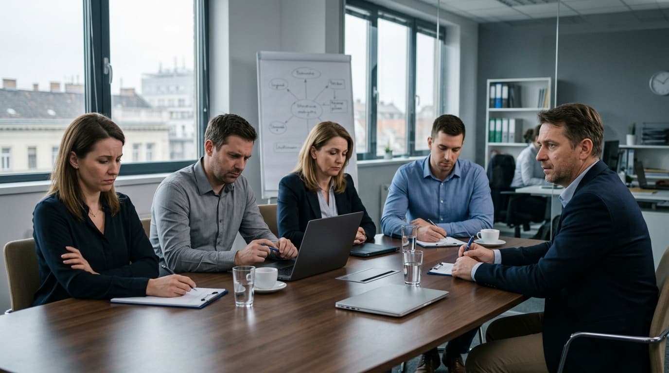 Csendes irodai megbeszélés egy feszült csapattal, ahol a vezető érzi, hogy a munkatársak visszatartják a valódi véleményüket