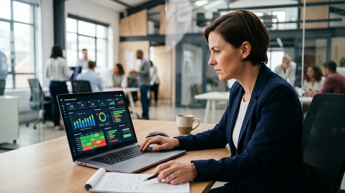 Üzleti elemző laptopot néz irodában — gyors szervezeti diagnózis