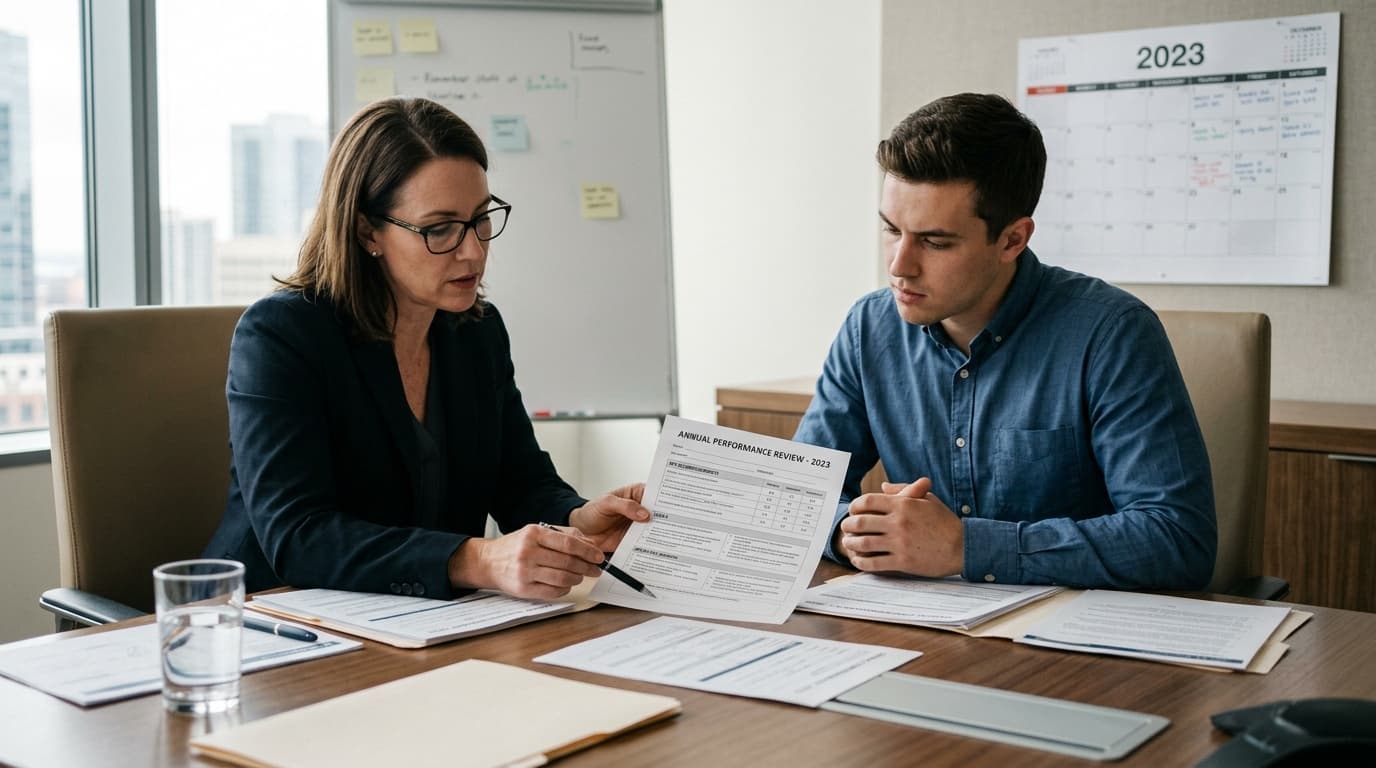 Vezető és alkalmazott éves értékelő megbeszélésen — dokumentumok az asztalon
