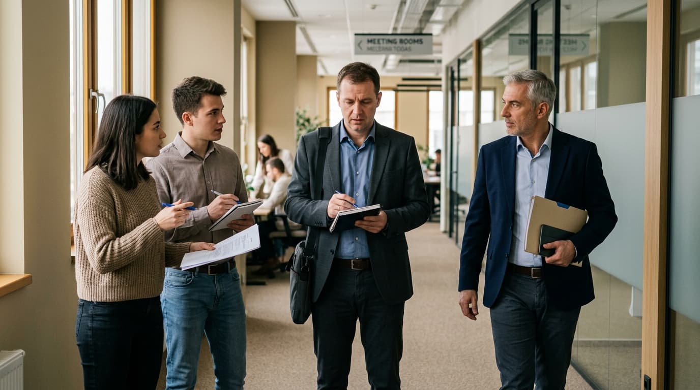 Tulterhelt kozepvezeto ket iranybol erkezo kerdesek kozott all egy irodai folyoson