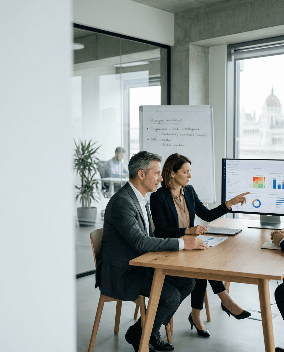 Vezetok szervezeti visszajelzesi mintakat es dashboardot elemeznek egy targyaloban