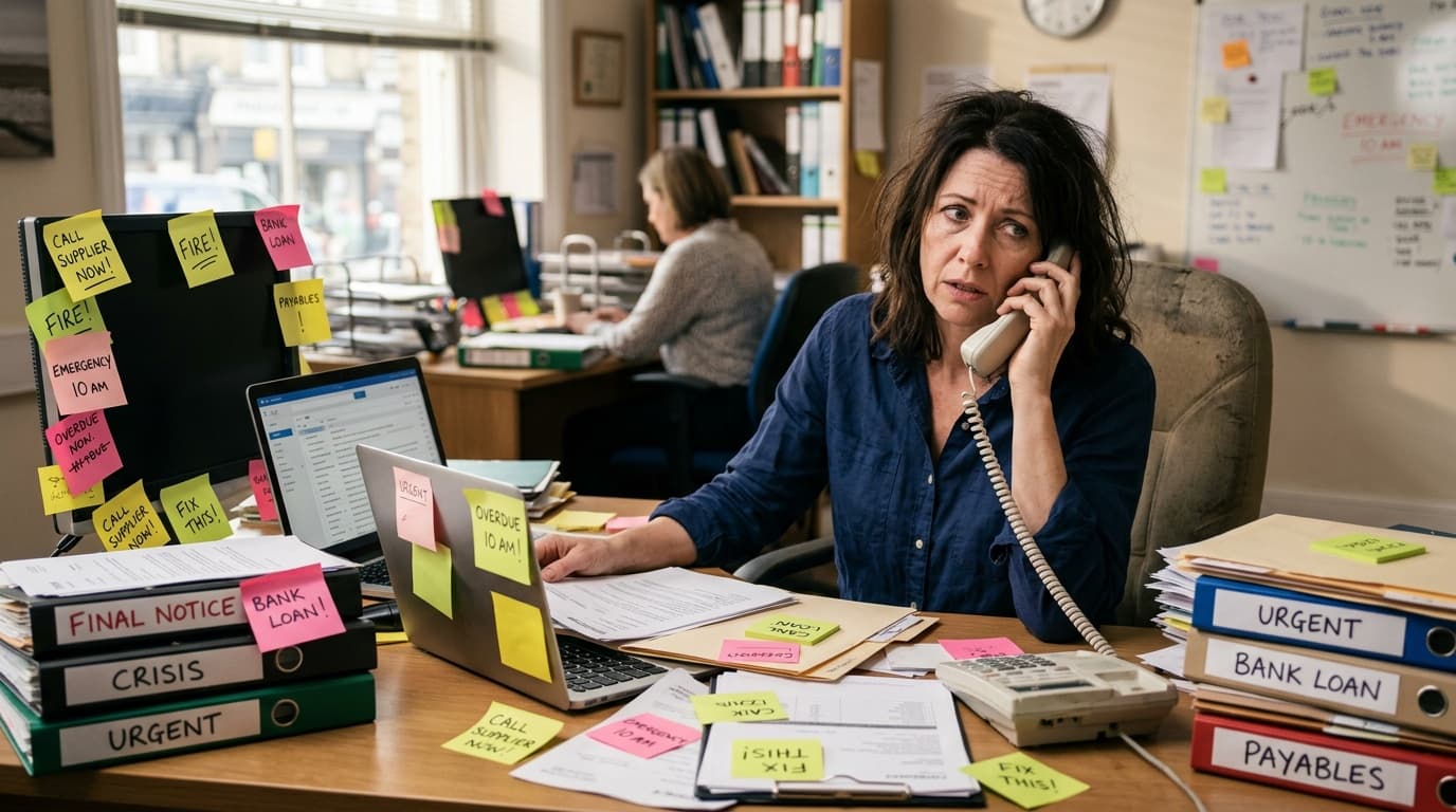 Stresszes KKV-vezető zsúfolt íróasztal mellett — a tűzoltás ára
