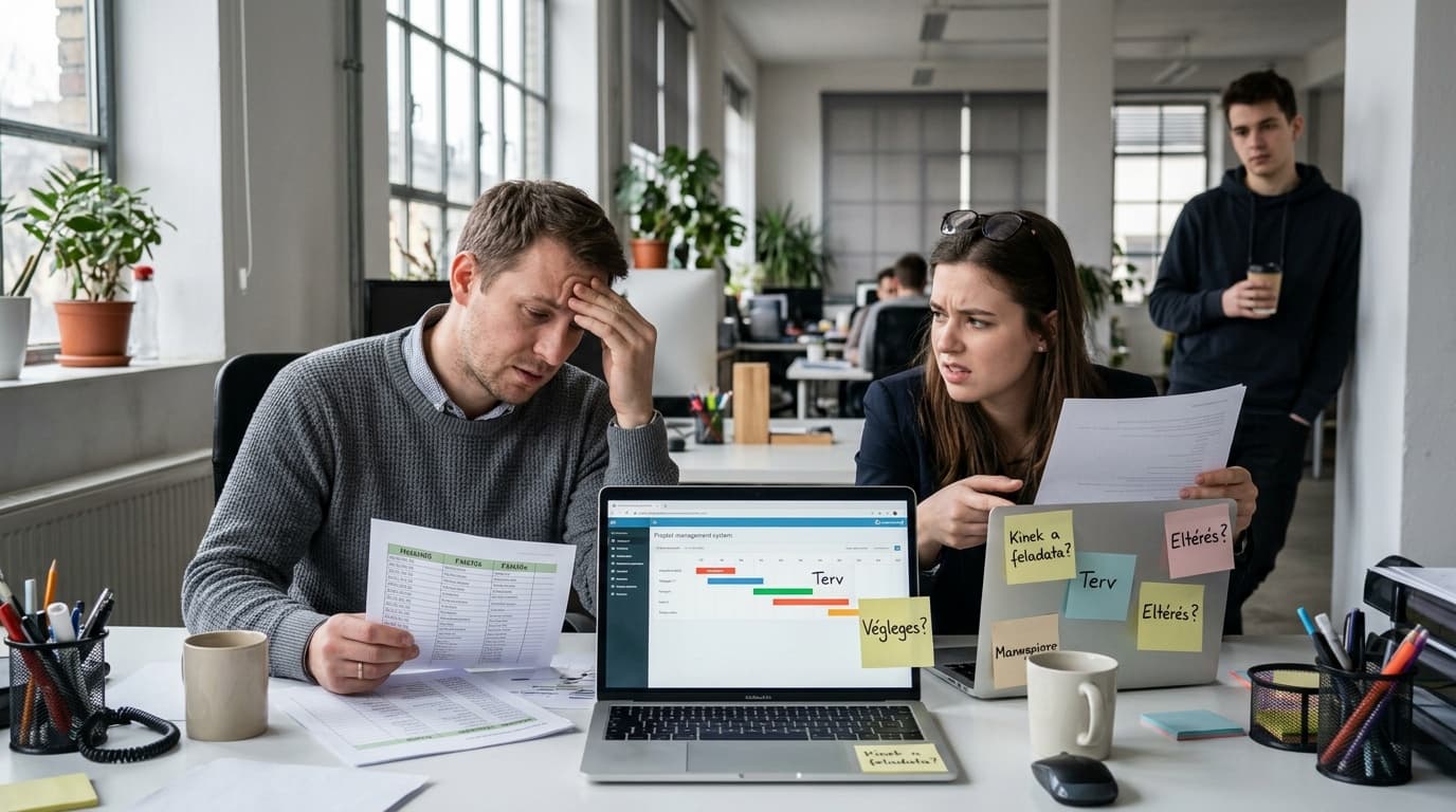 Ket munkatars egy felrecsuszott atadason dolgozik egy KKV-irodaban, mikozben a bizonytalansag es a kommunikacios zavar lathato