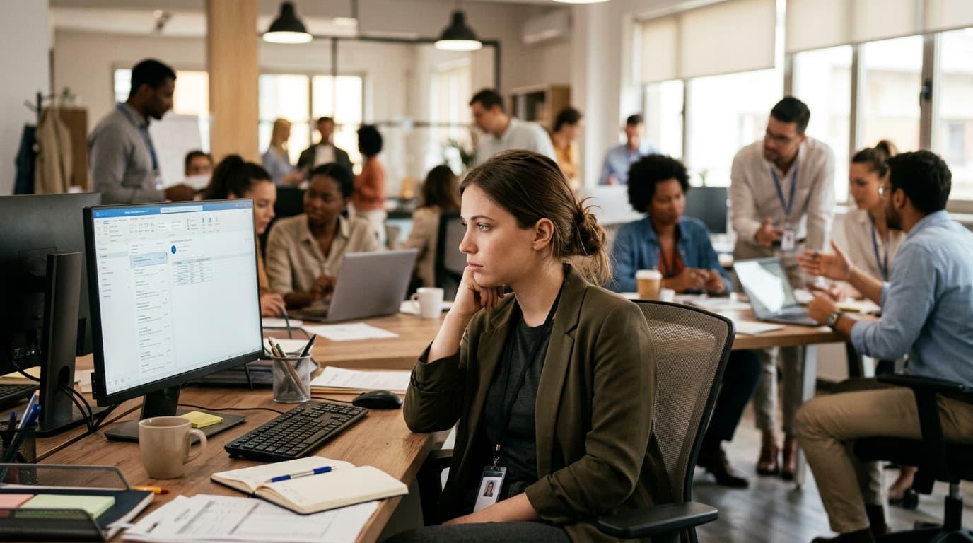 Munkavállaló üres tekintettel ül az irodában kollégák között — néma felmondás