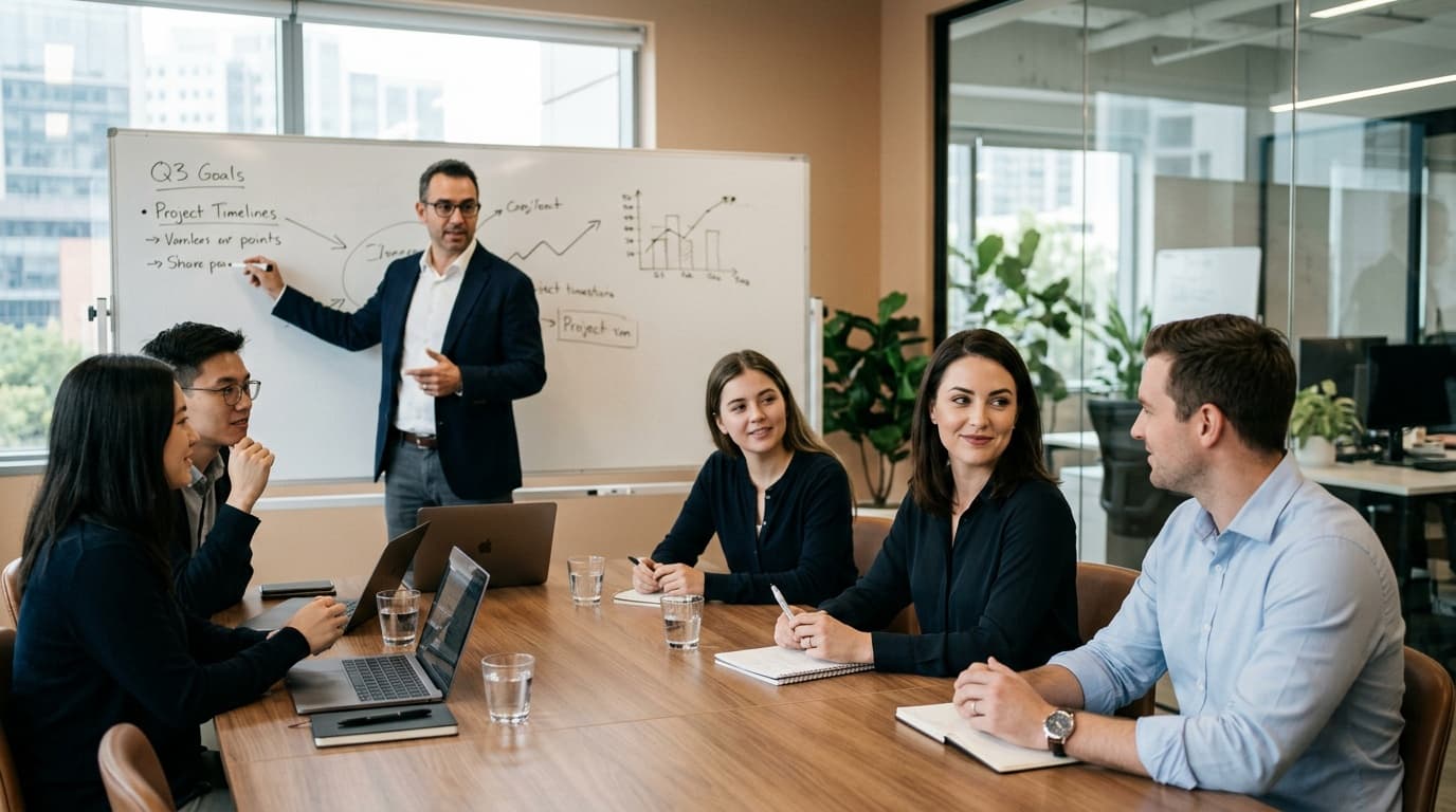 Csapatmegbeszélés irodában — a vezető prezentál, a csapat egymásra néz