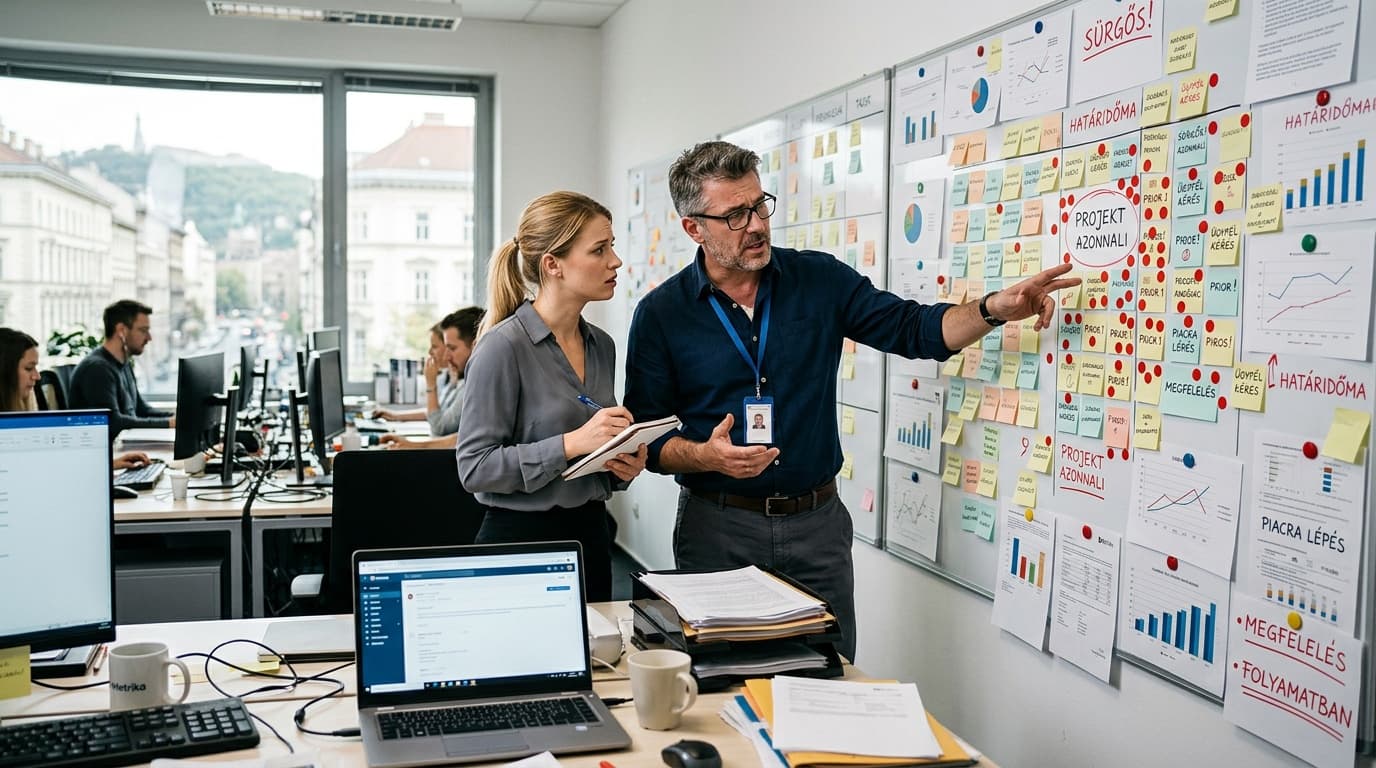 KKV vezeto es munkatars tulterhelt projektfal elott all, ahol mar minden feladat surgosnek tunik