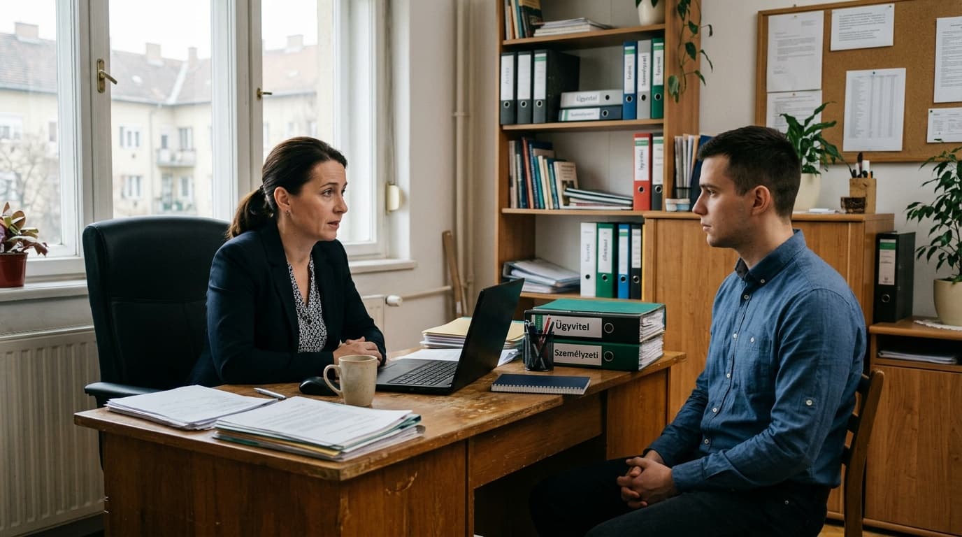 Vezeto es munkatars visszafogott, udvarias one-on-one beszelgetesen, ahol az oszinte visszajelzes hianya erezheto