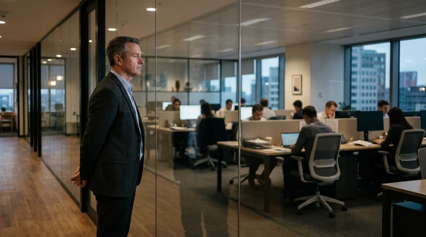 Vezető áll az irodában és néz ki az ablaktalan irodán — a csapat csendje figyelmeztető jel