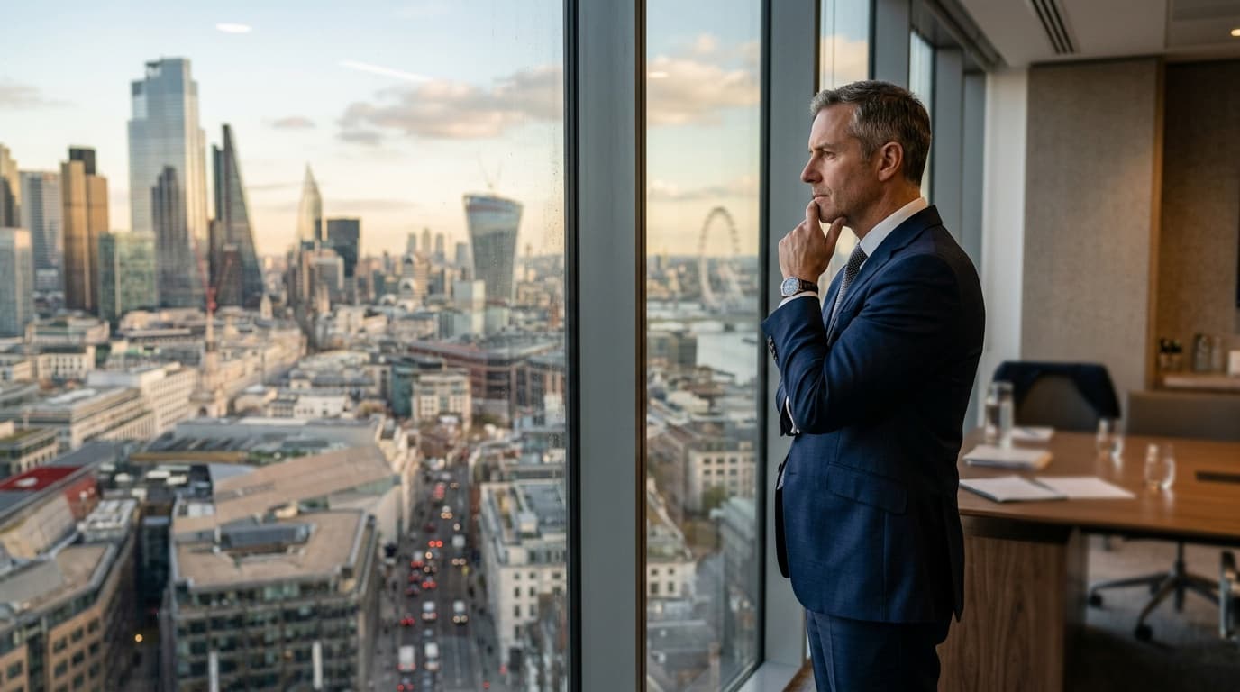 Vezető gondolkodik az ablak előtt — döntési pont a szervezeti diagnózis előtt